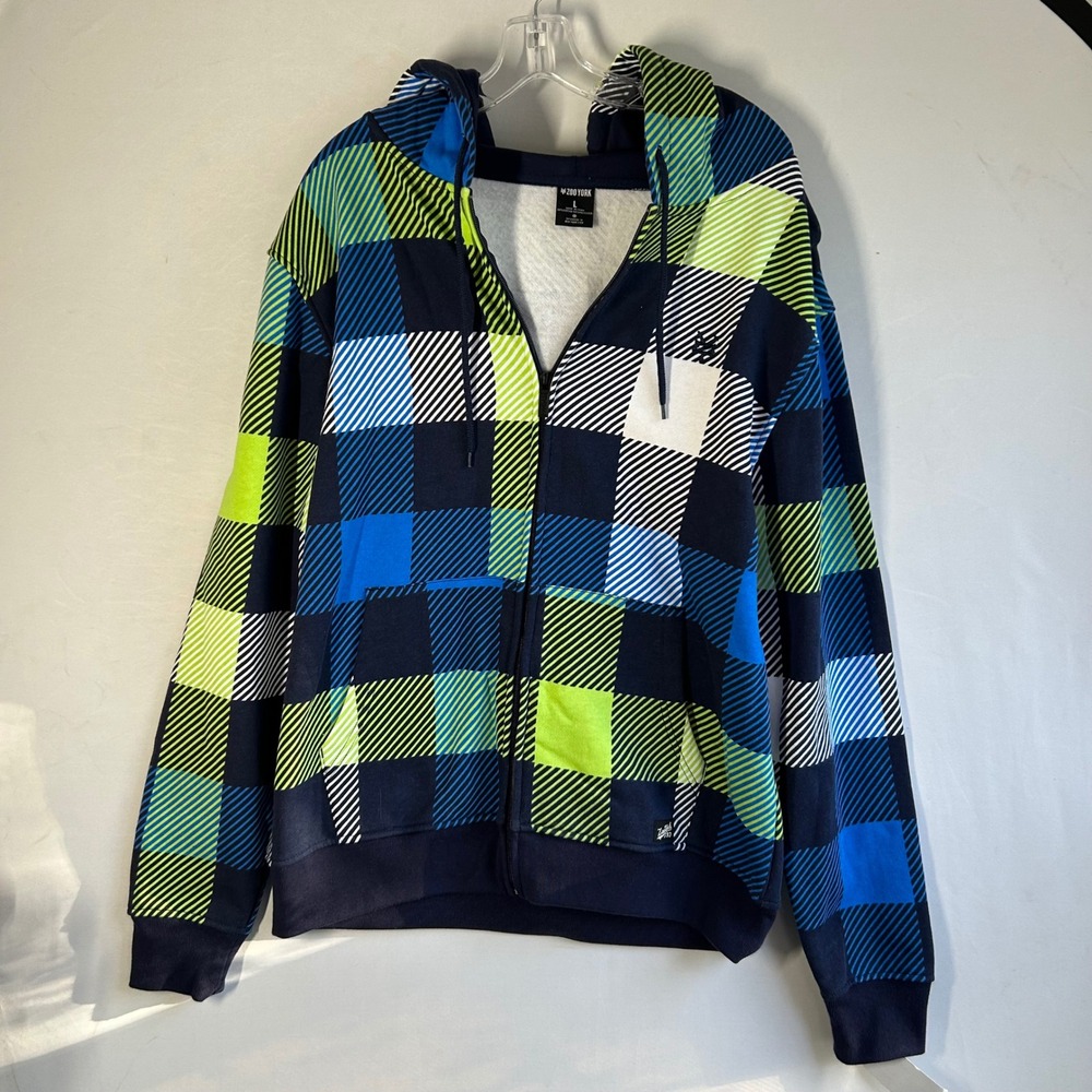 Zoo York Mens Plaid Full Zip Hoodie Sharp Green Navy Blue Fleece Lined Large NEW